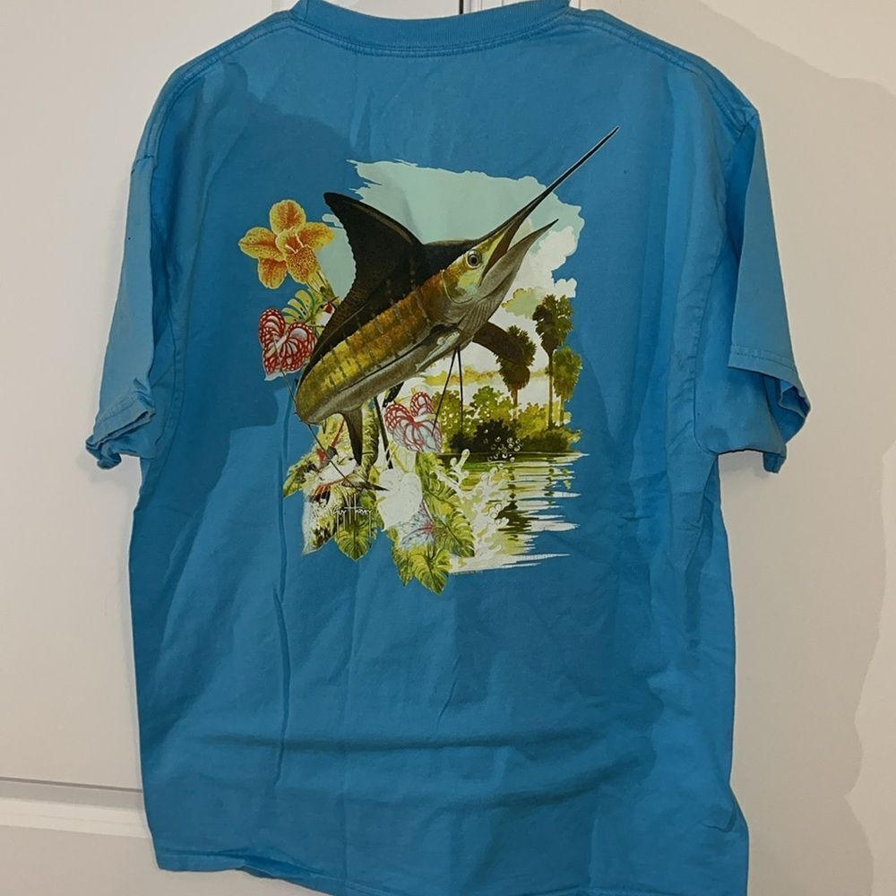 Guy Harvey Sailfish Fishing Turquoise blue pocket T shirt  L me a